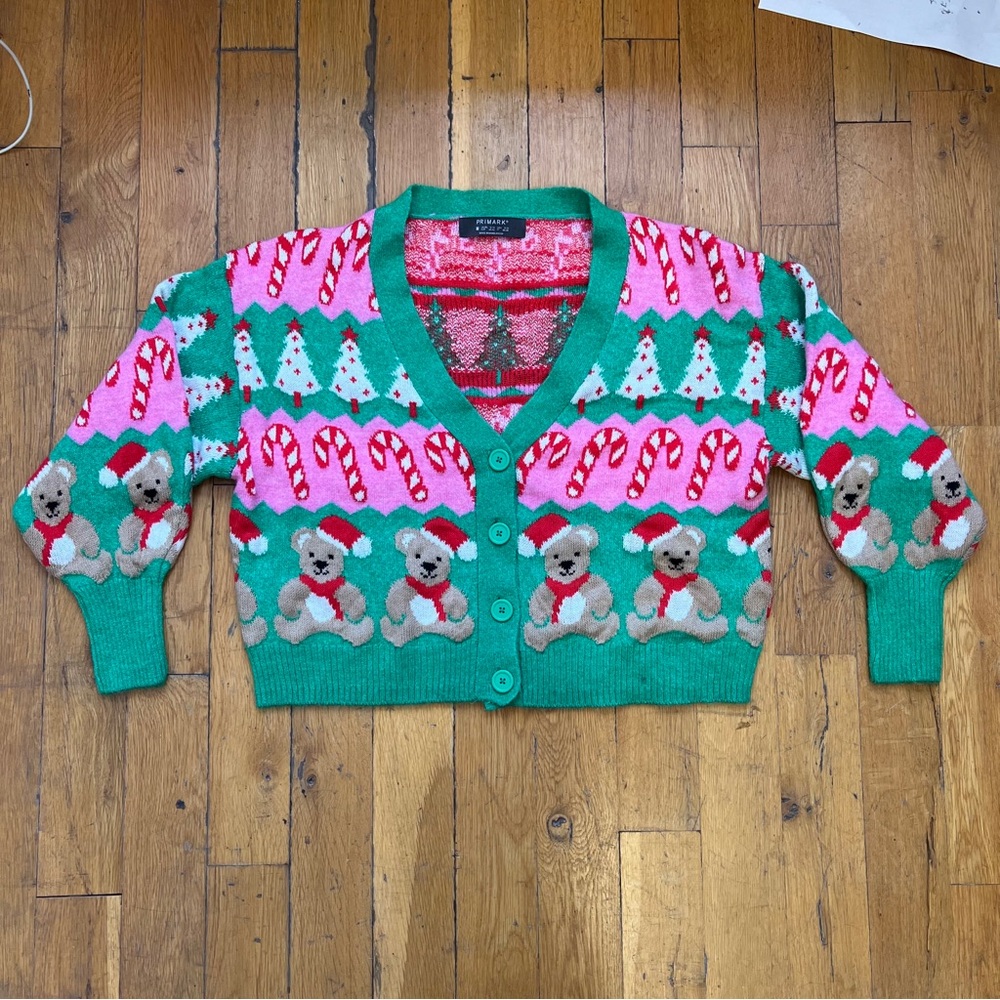 Festive Green Cardigan with Teddy Bears and Candy Canes